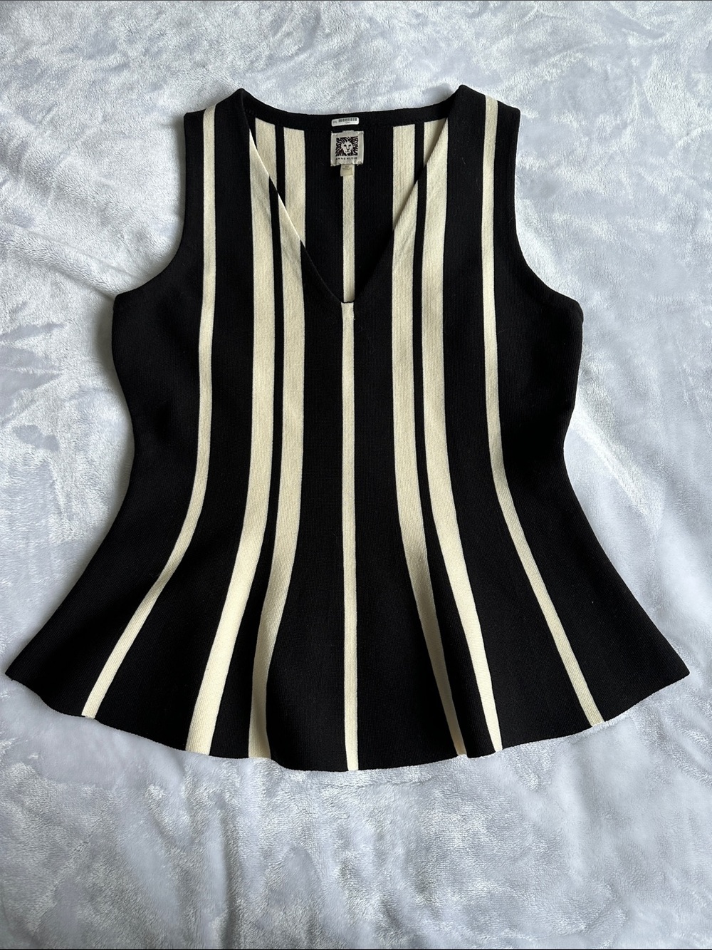 Anne Klein Black and Cream Vertical-Stripe Sleeveless Knit Top